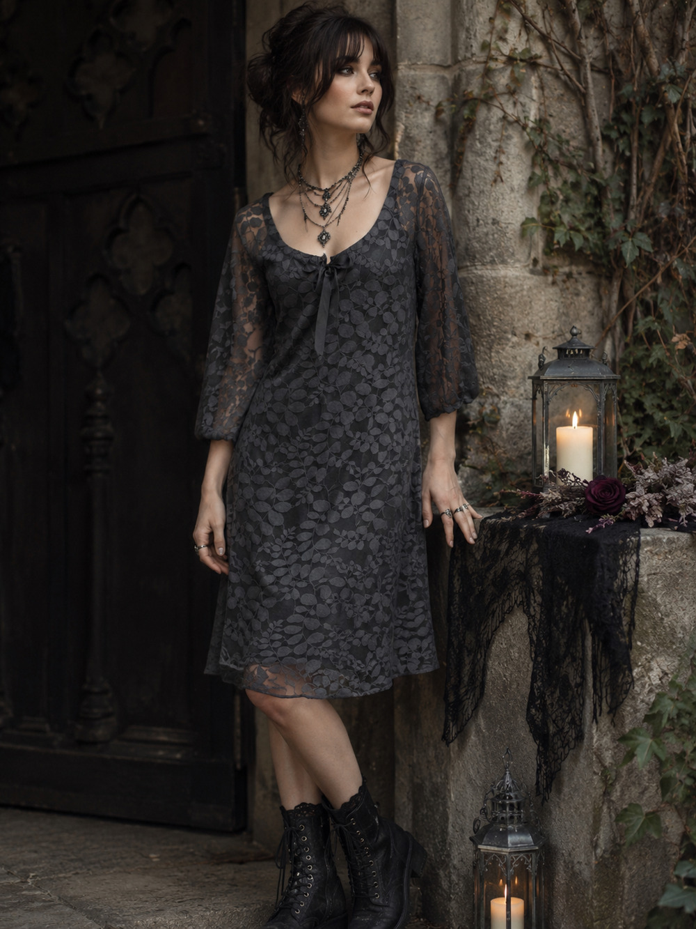 Garnet Hill Women's Boheme Easy Lace Dress Gray Floral Bow 3/4 Sleeve Sz 4 NWOT